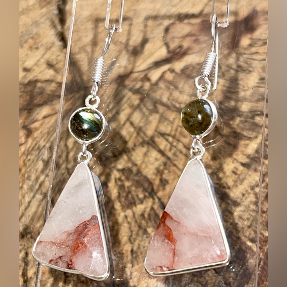 Labradorite & Phantom Fire Quartz Earrings 2” - Picture 5 of 13